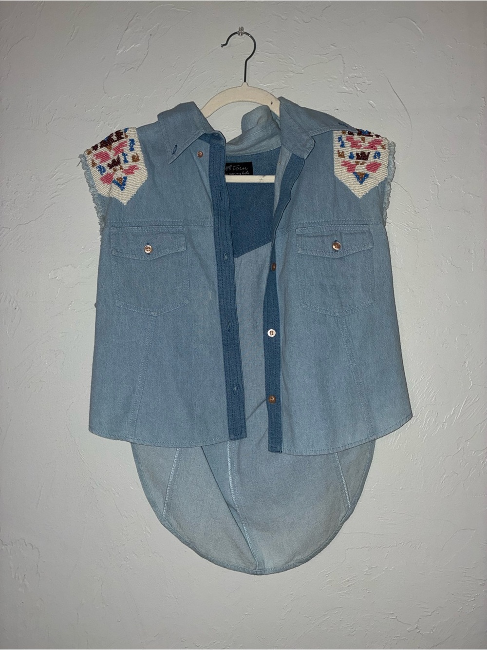 Torn by Ronny Kobo-Light Blue Denim Sleeveless Shirt with Embroidered Shoulders